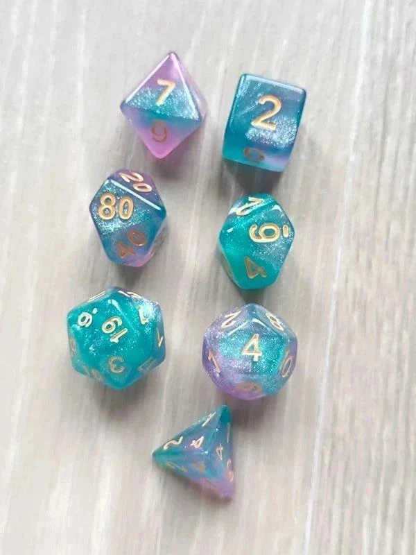 Set of 7 original iridescent blue purple polyhedral dice for activities – photo 2